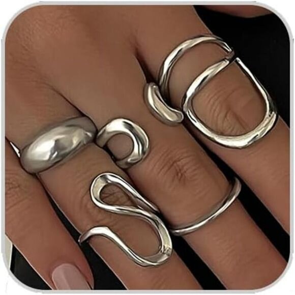 Gold Silver Chunky Ring Set Adjustable Stackable Knuckle Dome Rings Women - Picture 7 of 7